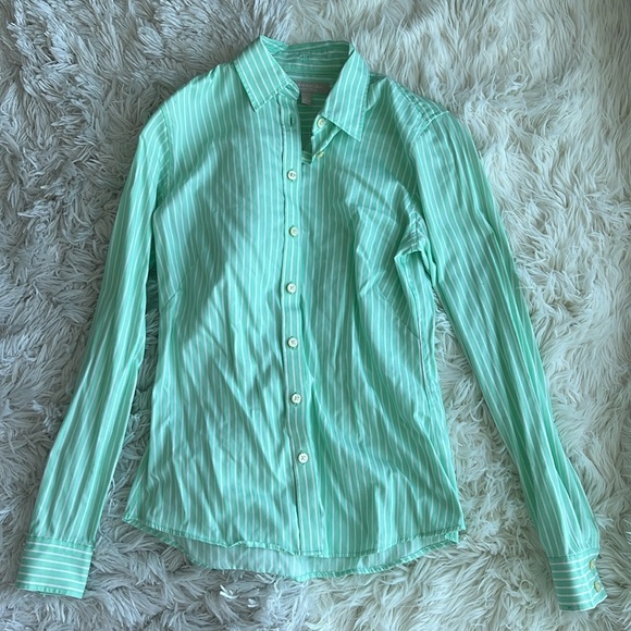 Banana Republic size 4 green and white striped non-iron fitted button down shirt - Picture 3 of 6